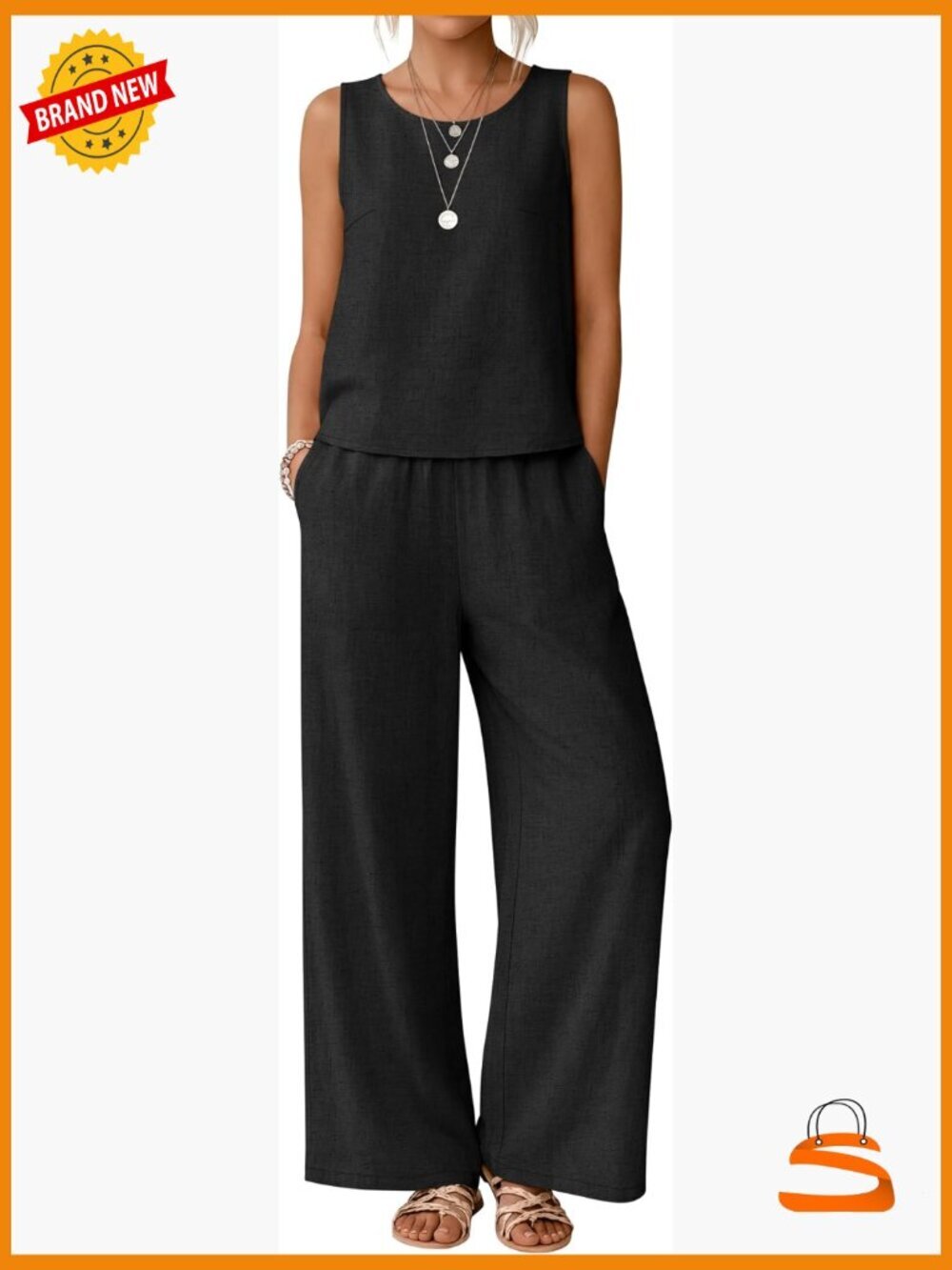 Women's 2 Piece Linen Outfit Sleeveless Crop Tank & High Waist Pants